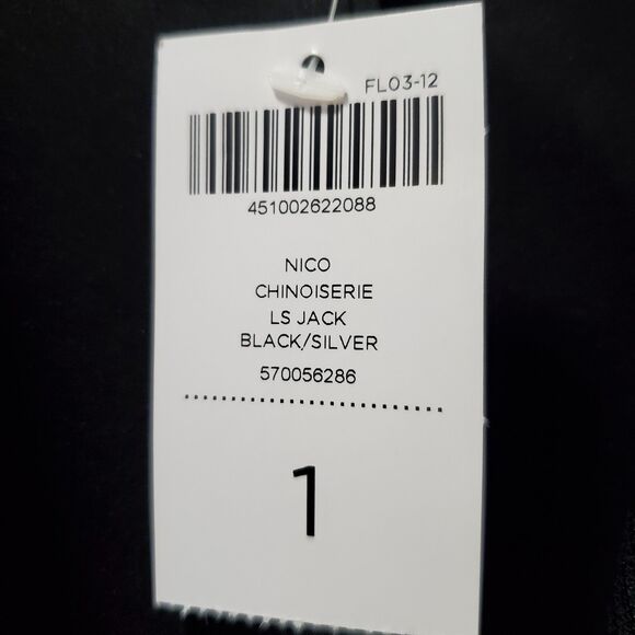 Chicos Nico Chinoiserie Black Jacquard Open Front Black/Silver Jacket Sz 1 M NWT - Picture 2 of 7